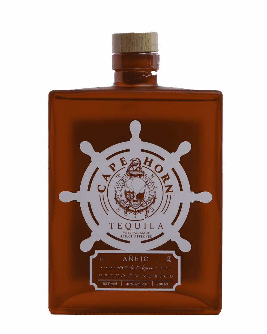 Square amber tequila bottle with wooden cork